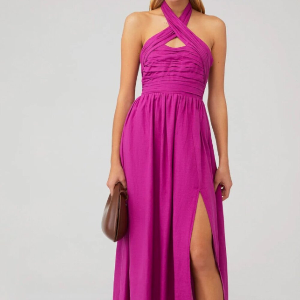 ASTR ZARIA PLEATED HALTER MIDI DRESS